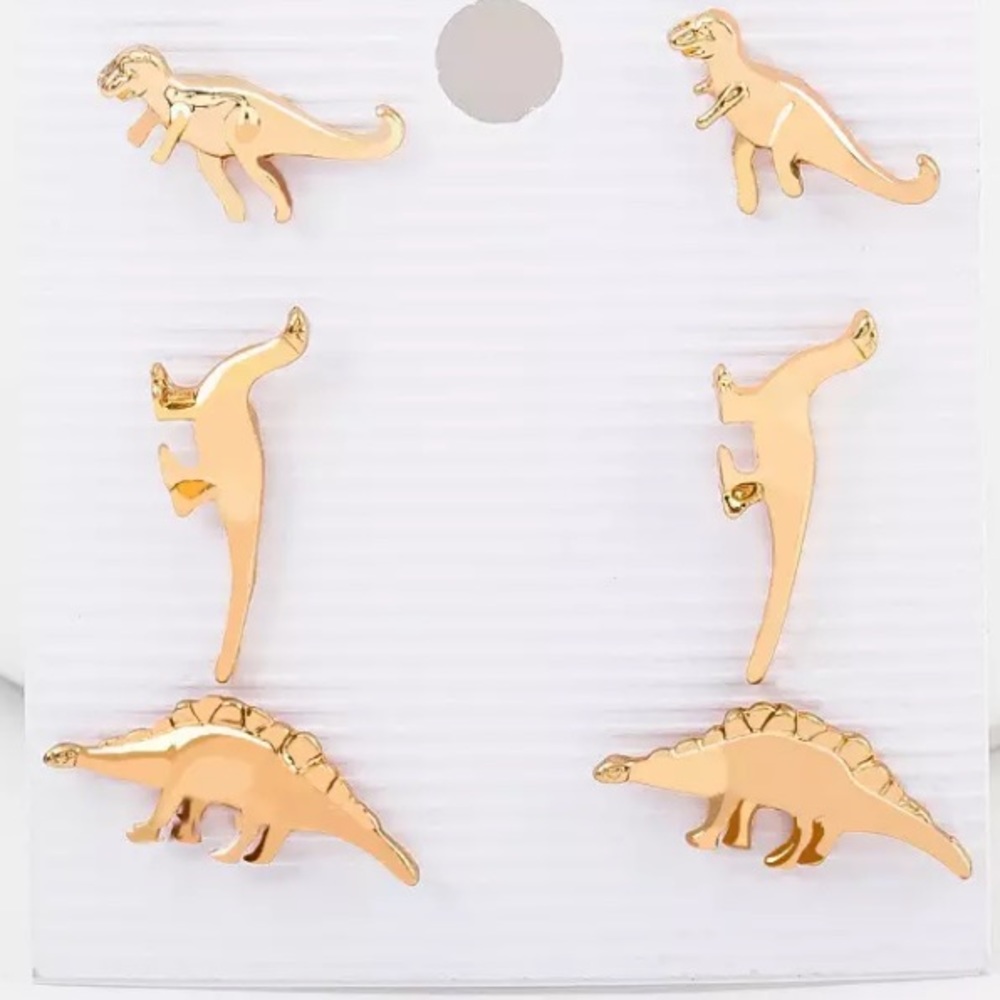 New Gold Plated Dinosaur Studs Set of 3 Earrings
